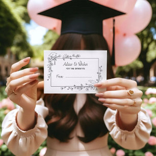 Cartão De Informações Borda Floral Branca e Preta para Graduação Elegant