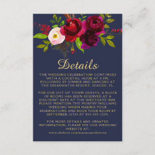 Cartão De Informações Bordô Azul Marinho Floral Elegante Rascunho