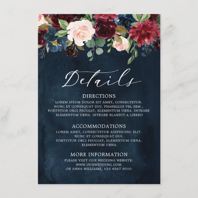 Cartão De Informações Borgonha Marinho Blush Blue Boho Botânico Floral (Frente)