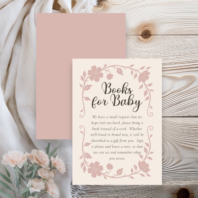 Cartão De Informações Botanical Baby Shower Book Request Card Blush (Elegant botanical baby shower book request card with soft blush floral design on neutral background )