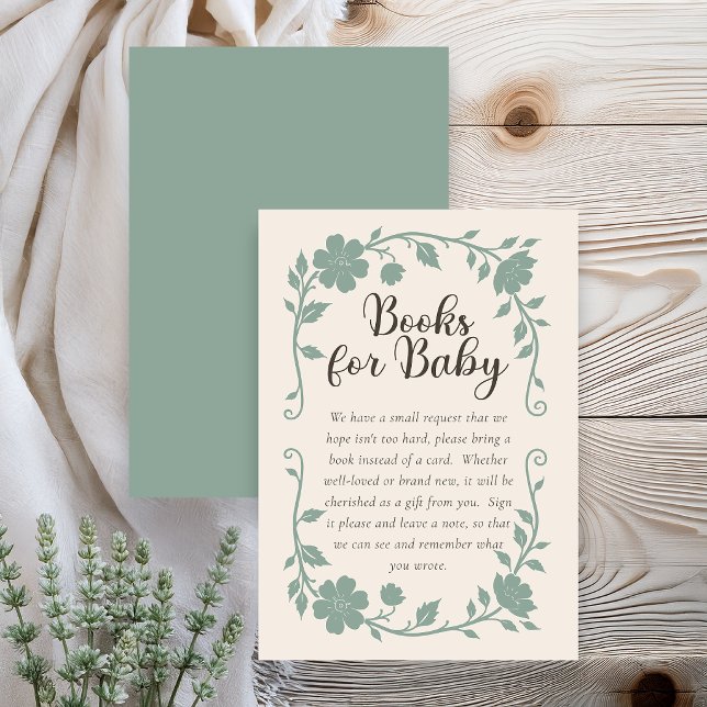 Cartão De Informações Botanical Baby Shower Book Request Card Sage (Elegant botanical baby shower book request card - neutral sage)