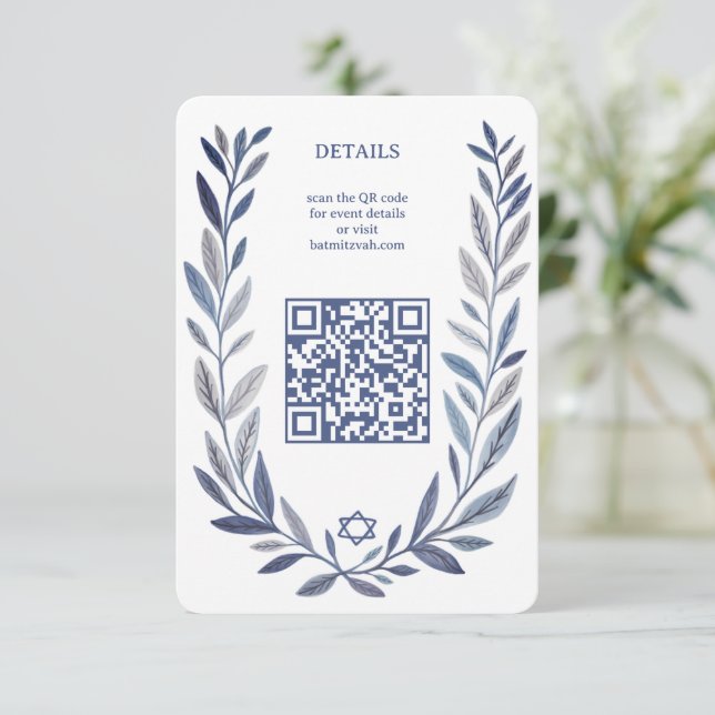 Cartão De Informações Botanical Watercolor CUSTOM QR Bar Bat Mitzvah (Em pé/Frente)