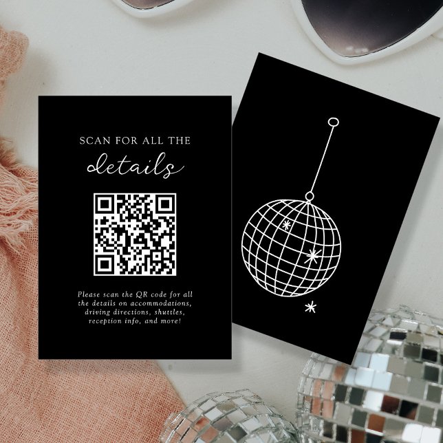Cartão De Informações Branco | Disco Ball Detalhes do Casamento Código Q (Criador carregado)