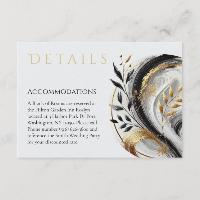Cartão De Informações Branco preto moderno e Dourado Casamento Botânico- (Verso)