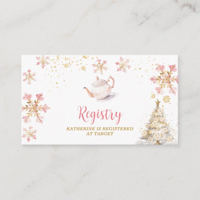 Cartão De Informações Brewing Pink Winter Tea Party Baby Shower Registry (Frente)