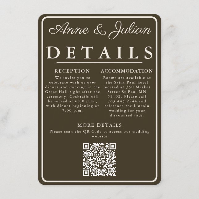 Cartão De Informações Brown Modern Wedding Details Card QR Code & photo (Frente)