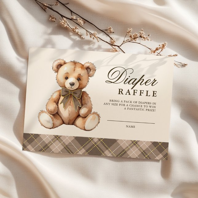 Cartão De Informações Brown Plaid Bear Baby Shower Diaper Raffle (Criador carregado)