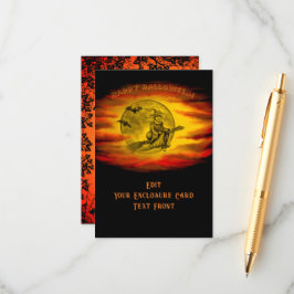 Cartão De Informações bruxa voadora com gato preto, noite de halloween