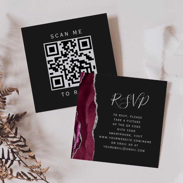 Cartão De Informações Budget Burgundy Silver Agate Dark QR Code RSVP (Criador carregado)