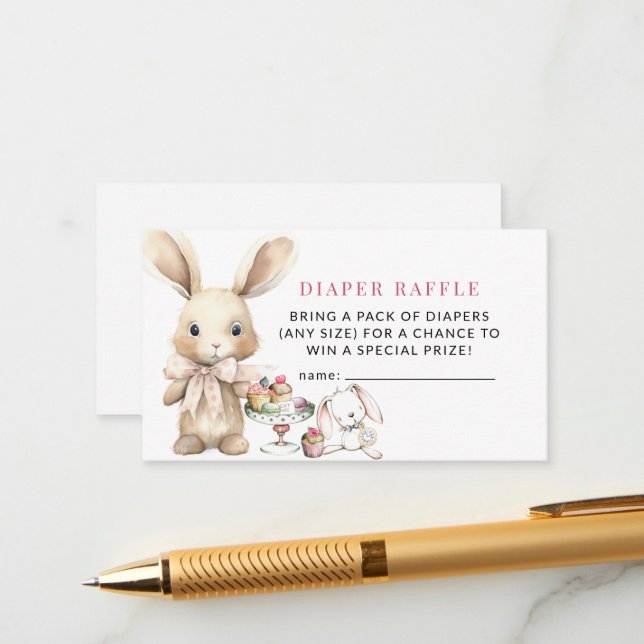 Cartão De Informações Bunny Chá de fraldas Girl Fralda Raffle (Frente/Verso In Situ)
