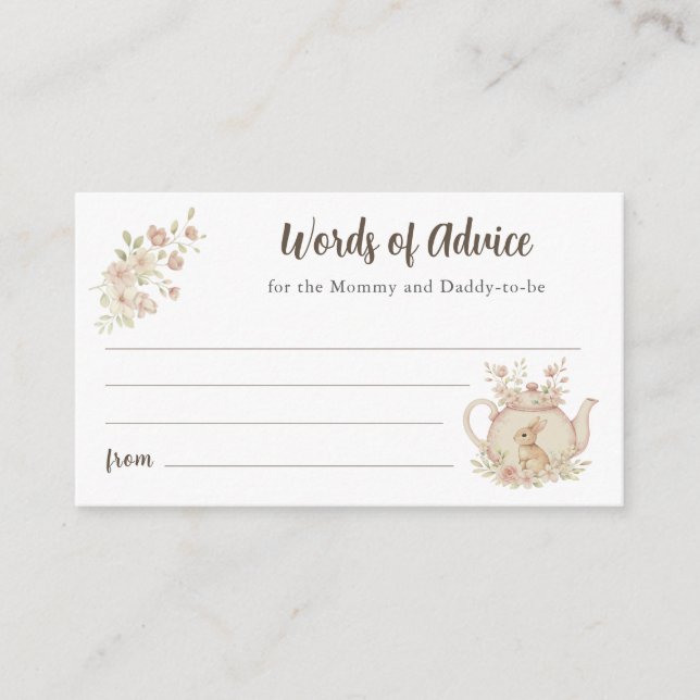 Cartão De Informações Bunny Teapot Baby Shower Words of Advice  (Frente)