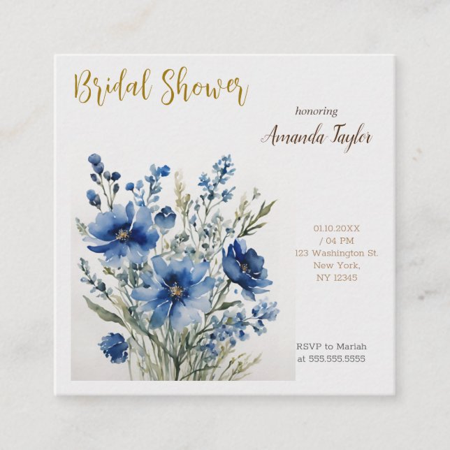 Cartão De Informações Buquê de Flores Elegante Banho de Noiva Aquarela (Frente)