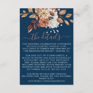 Cartão De Informações Buquê Floral de Outono em Casamento Azul-Navy