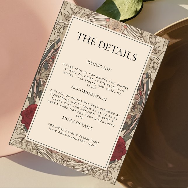 Cartão De Informações Burgundy Art Nouveau Floral Os Detalhes Casamento (Criador carregado)