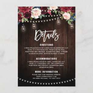 Cartão De Informações Burgundy Azul Floral Luz de Corda em Pote de Pedra