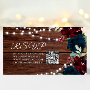 Cartão De Informações Burgundy & Azul-Marinho Flor Casamento Rústico QR 