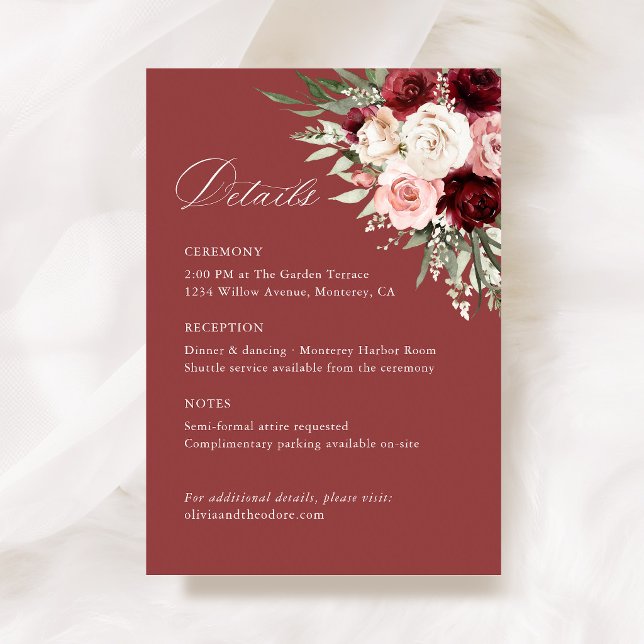 Cartão De Informações Burgundy Blush Pink Floral Wedding Details, Info (Burgundy blush pink floral wedding information card rose elegant ceremony reception details)