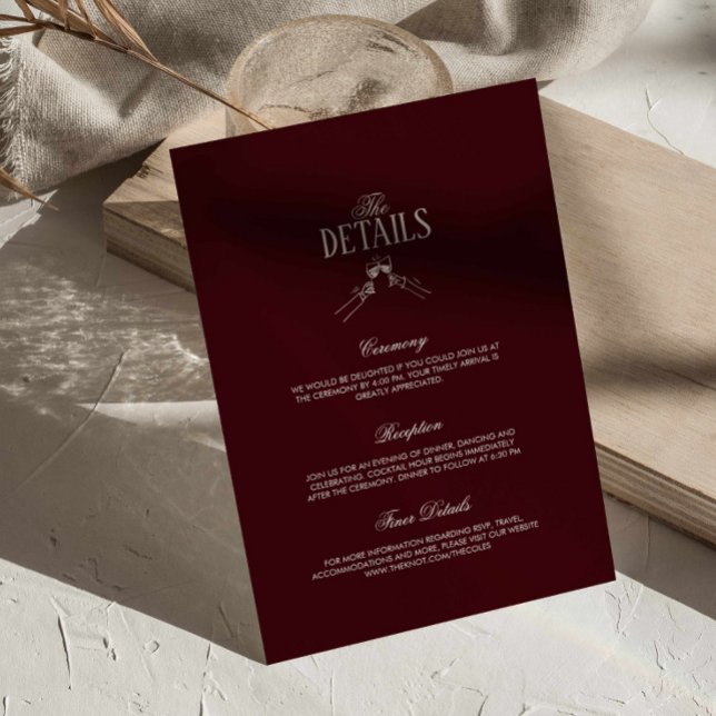 Cartão De Informações Burgundy Classic Retro Wedding Details  (burgundy formal trendy wedding details card, deep red cherry classic ceremony details enclosure card)