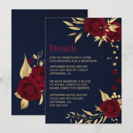 Cartão De Informações burgundy dourado floral detalhes em azul marinho