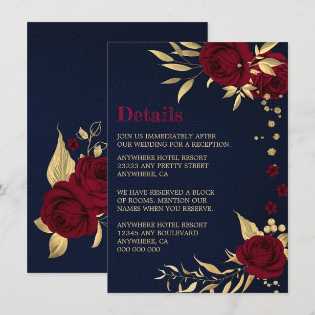 Cartão De Informações burgundy dourado floral detalhes em azul marinho (Frente/Verso)