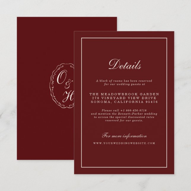 Cartão De Informações Burgundy Fall Wedding Details Enclosure Card (Frente/Verso)