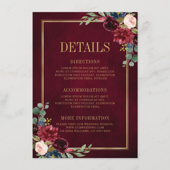 Cartão De Informações Burgundy Floral Dourado Azul Marinho Detalhes do C (Frente)