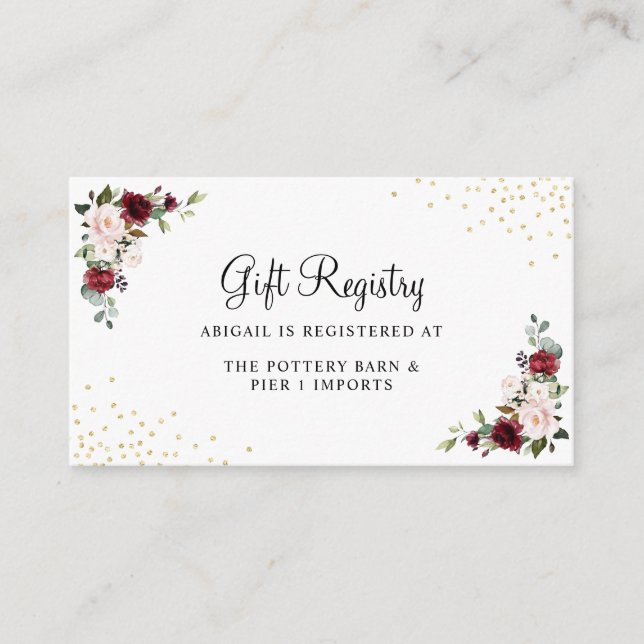 Cartão De Informações Burgundy Floral Gold Foil Chic Gift Registry (Frente)