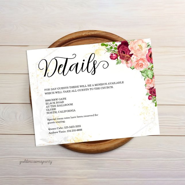 Cartão De Informações Burgundy Floral Gold Polygonal Geometric Wedding (Burgundy Floral Gold Polygonal Geometric Wedding Detasils Card)