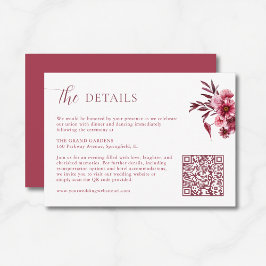 Cartão De Informações  Burgundy Floral Wedding Details Card QR Code 