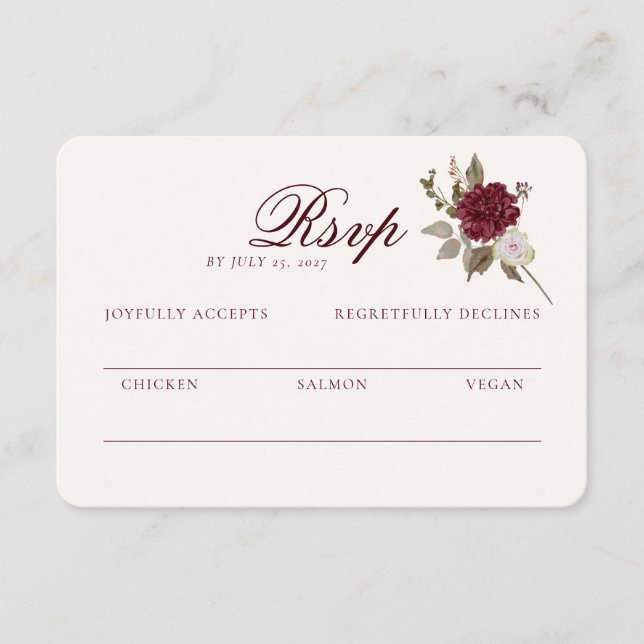 Cartão De Informações Burgundy Floral Wedding RSVP Card (Frente)