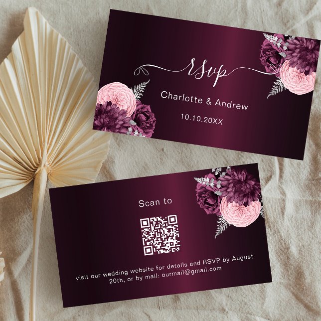 Cartão De Informações Burgundy florals website de casamento RSVP Código  (Criador carregado)