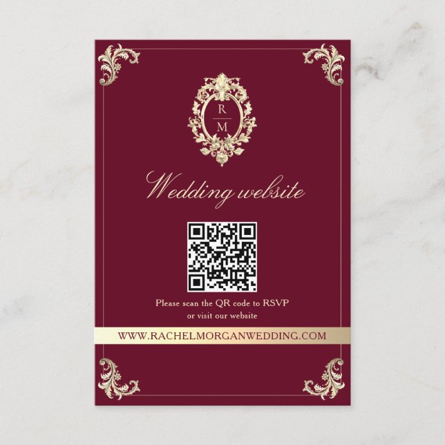 Cartão De Informações Burgundy Gold Baroque Wedding Website QR Card (Frente)