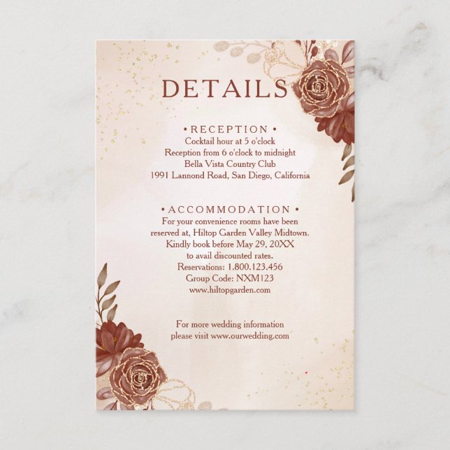 Cartão De Informações Burgundy & Gold Floral Wedding Enclosure Card (Frente)