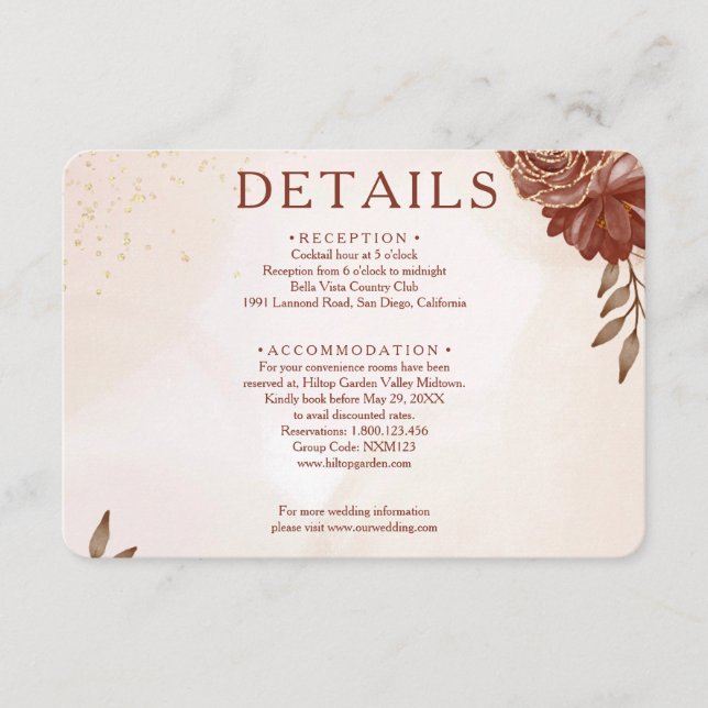 Cartão De Informações Burgundy & Gold Floral Wedding Enclosure Card (Frente)