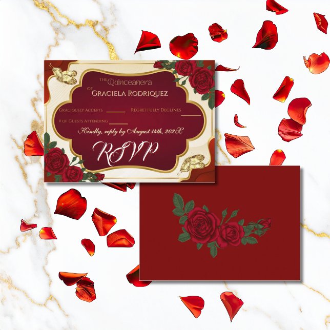 Cartão De Informações Burgundy & Gold Rose Quinceañera RSVP Card (Criador carregado)
