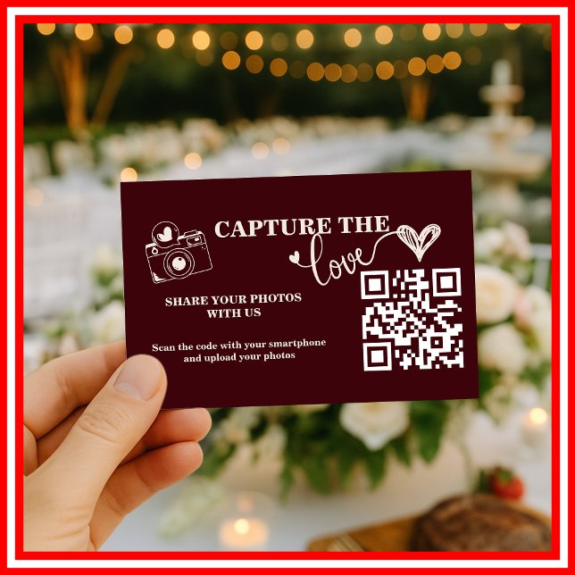 Cartão De Informações Burgundy & Ivory Capture The Love QR Code Wedding (Criador carregado)