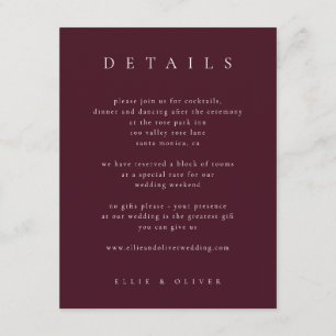 Cartão De Informações Burgundy Marrom Elegante Detalhes 1 I Casamento Mo