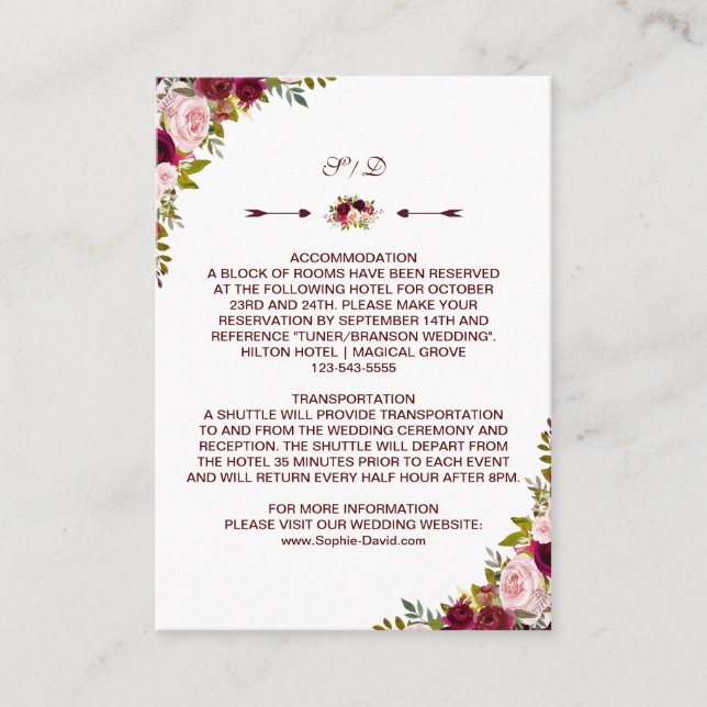Cartão De Informações Burgundy Marsala - Detalhes do Casamento Floral -  (Frente)