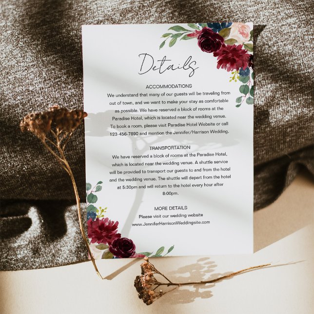 Cartão De Informações Burgundy Marsala e Blush Floral Wedes Detalhes (Burgundy Marsala & Blush Pink Floral Wedding Details Card)