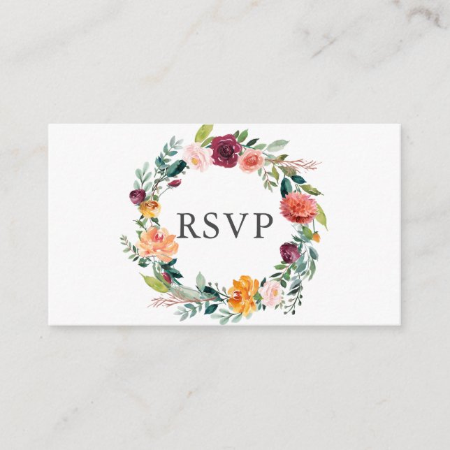 Cartão De Informações Burgundy Orange Floral Wreath Wedal RSVP (Frente)