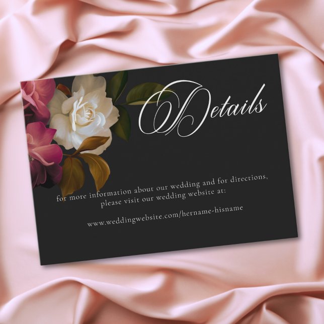 Cartão De Informações Burgundy & Pink Romantic Rose Black Moody Wedding (Burgundy & Pink Romantic Rose Black Moody Wedding Enclosure Card)