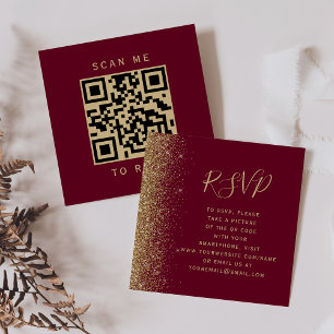 Cartão De Informações Burgundy Red Dourado Glitter Wedter Código QR RSVP
