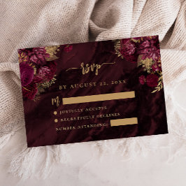 Cartão De Informações Burgundy Red Gold Floral Agate Script Wedding RSVP
