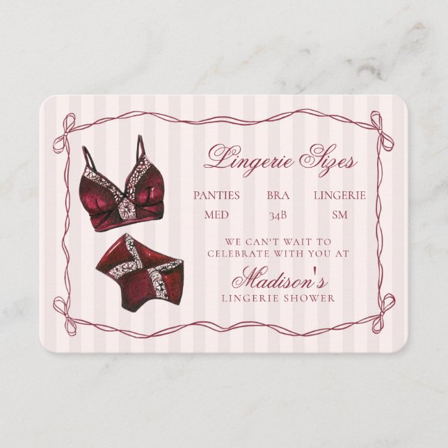 Cartão De Informações Burgundy Red Lingerie Sizes Shower Bow (Frente)