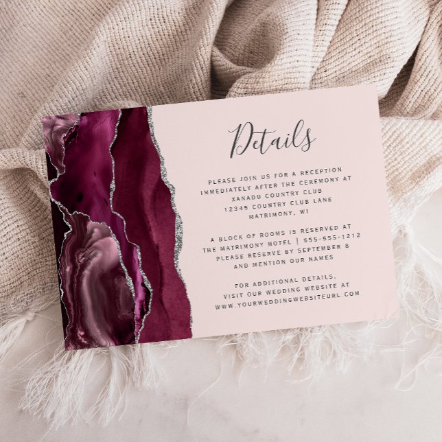 Cartão De Informações Burgundy Silver Agate Blush Pink Wedding Details (Criador carregado)