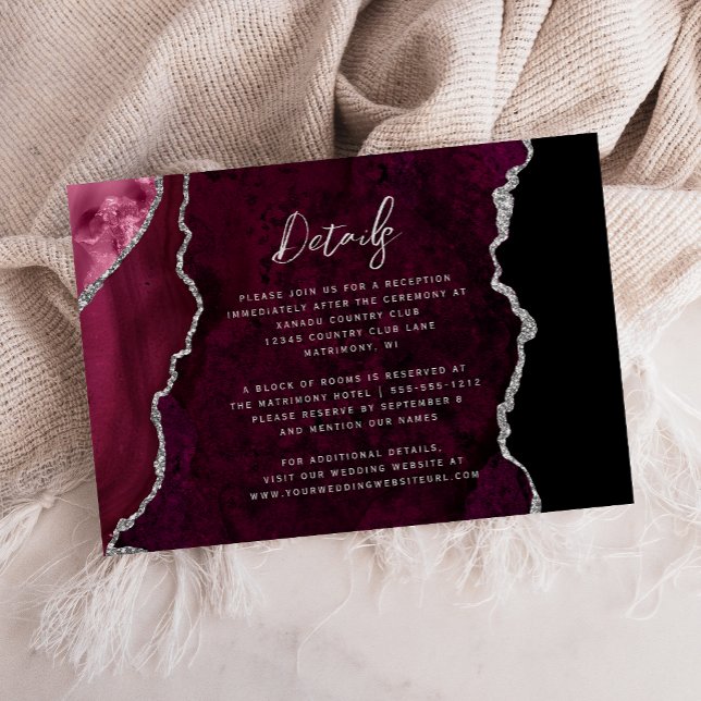 Cartão De Informações Burgundy Silver Agate Script Wedding Details (Criador carregado)