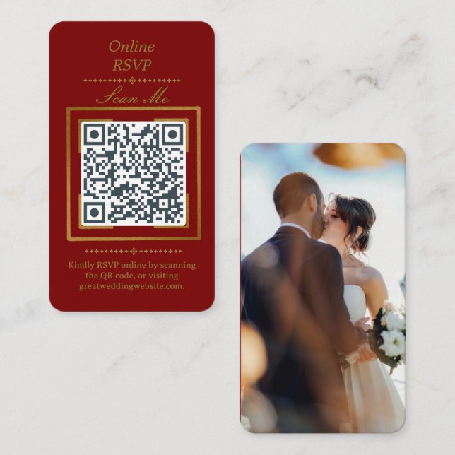Cartão De Informações Burgundy Wine | Photo Online RSVP QR Code Wedding  (Frente/Verso)