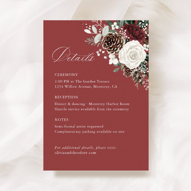 Cartão De Informações Burgundy Winter Floral Wedding Details, Infomation (Burgundy winter floral wedding information details card elegant itinerary reception schedule )