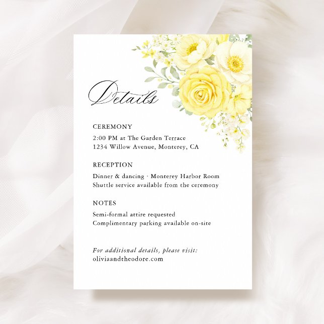 Cartão De Informações Butter Yellow Ivory Floral Wedding Details, Info (butter yellow wedding details card ceremony reception card ivory floral wedding information card)