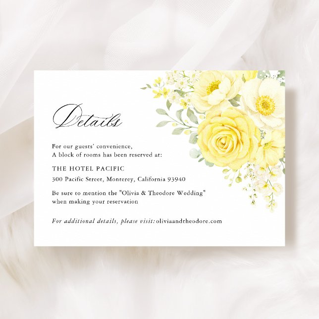 Cartão De Informações Butter Yellow Ivory Floral Wedding Hotel Details (butter yellow ivory floral wedding details card hotel accommodation elegant wedding information card)